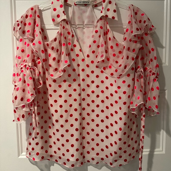 Kensie Women's Cold Shoulder Top - Looped Swiss Dots Bell Sleeve Blouse - View #10